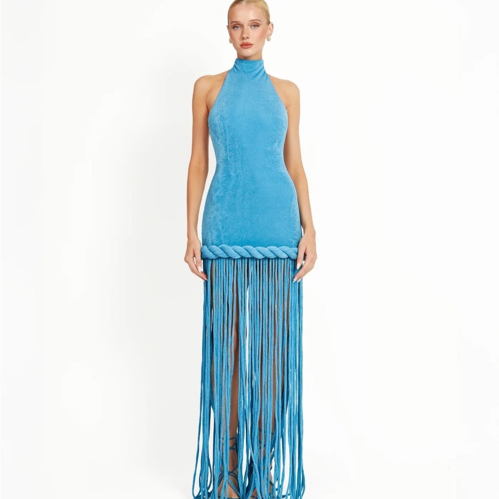 Khanum’s Backless Halter Fringe Maxi Dress in Turquoise